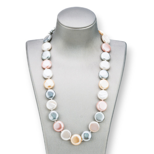 Collana Di Perle Di Maiorca Tondo Piatto 16mm Con Chiusura In Ottone 44-49cm Bianco Grigio Rosa Gialla