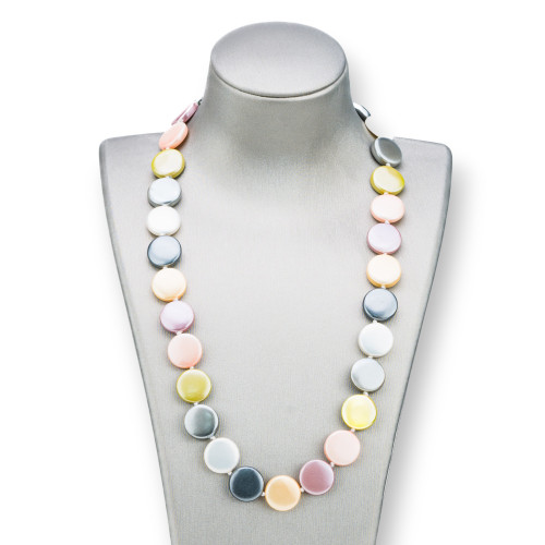 Collana Di Perle Di Maiorca Tondo Piatto 16mm Con Chiusura In Ottone 44-49cm Bianco Grigio Thaiti Giallo Rosa