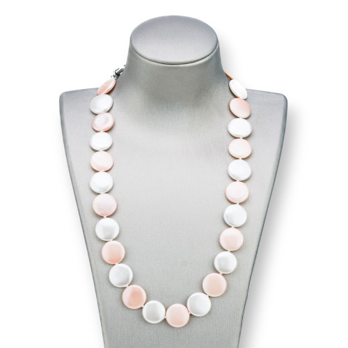 Collana Di Perle Di Maiorca Tondo Piatto 16mm Con Chiusura In Ottone 44-49cm Bianco Rosa