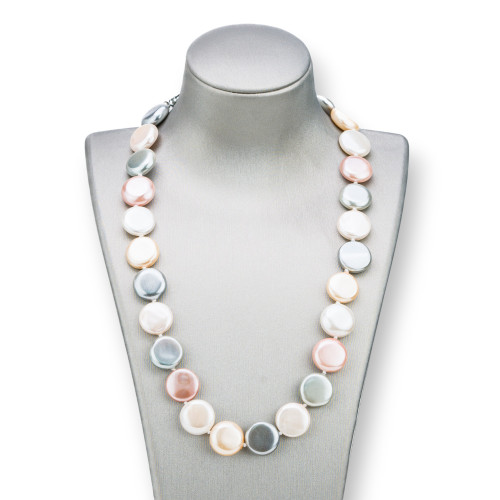 Collana Di Perle Di Maiorca Tondo Piatto 16mm Con Chiusura In Ottone 44-49cm Bianco Rosa Grigio