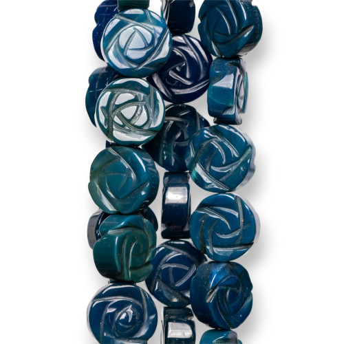 Blue Agate Engraved Flower 14mm