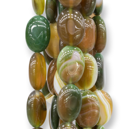 Flacher, ovaler, gestreifter brauner Achat, 18 x 25 mm, mit Grüntönen