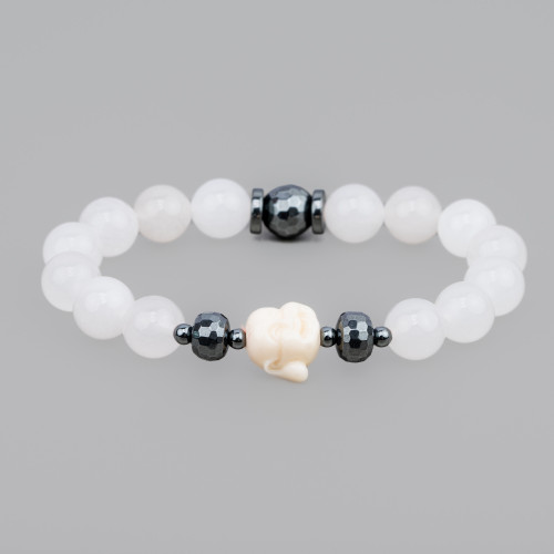 Stretch Bracelets of 10mm Semi-precious Stones, Hematite and White Resin Buddah