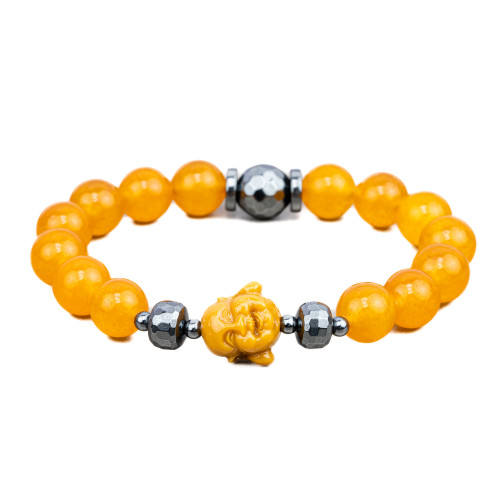 Stretch Bracelets Made of Semiprecious Stones 10mm, Hematite and Yellow Resin Buddah