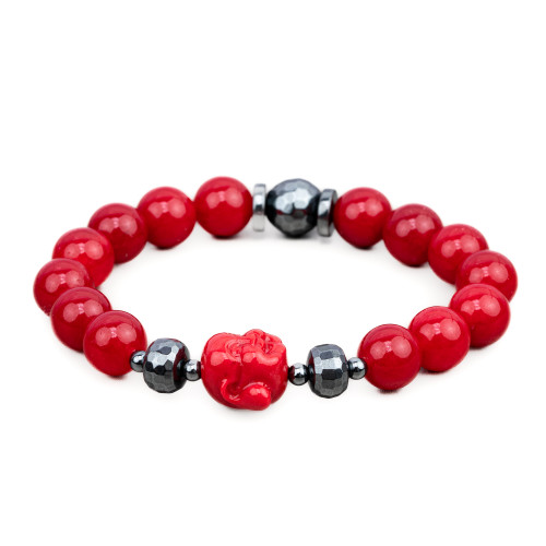 Stretch Bracelets Made of Semiprecious Stones 10mm, Hematite and Red Resin Buddah