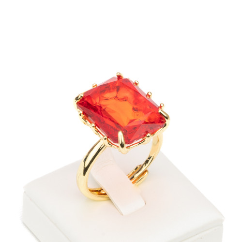 Χάλκινο δαχτυλίδι με CZ Cabochon Crystals Rectangle 15x20mm Ρυθμιζόμενο μέγεθος Ανοιχτό κόκκινο