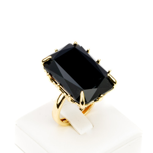 Bronze Ring With CZ Cabochon Crystals Rectangle 18x25mm Adjustable Size Jet Black