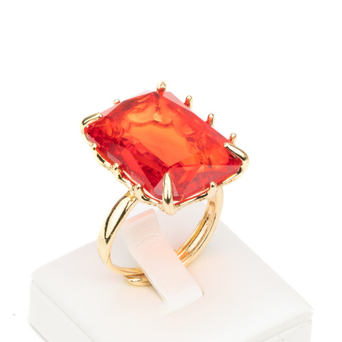 Bronze Ring With CZ Crystals Cabochon Rectangle 18x25mm Adjustable Size Light Red