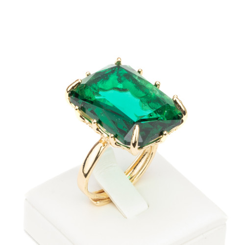 Bronze Ring With CZ Cabochon Crystals Rectangle 18x25mm Adjustable Size Emerald