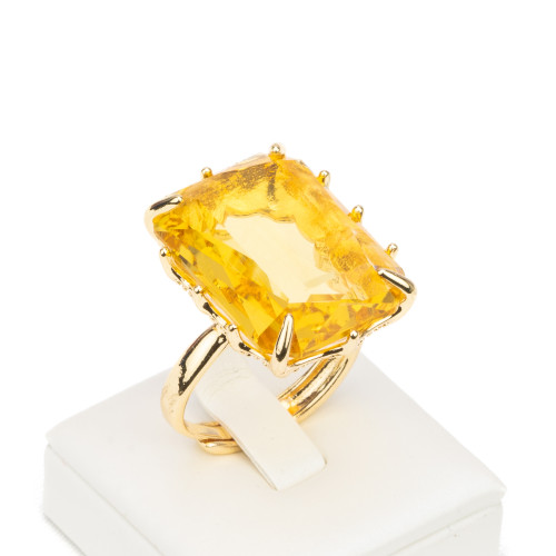 Bronze Ring With CZ Cabochon Crystals Rectangle 18x25mm Adjustable Size Yellow Topaz