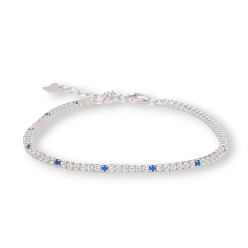 925 Silver Tennis Bracelet With Zircons 02mm Rhodium Plated White Blue Sapphire With Carabiner Closure 1pc