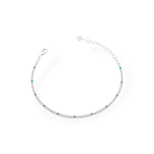 Bracciale Di Argento 925 Tennis Con Zirconi 02mm Rodiato Bianco Verde Smeraldo Con Chiusura Moschettone 1pz