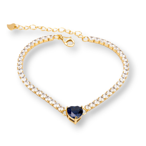 925 Silver Tennis Bracelet With 3mm Zircon 8mm Heart Length 16.4cm Golden Sapphire