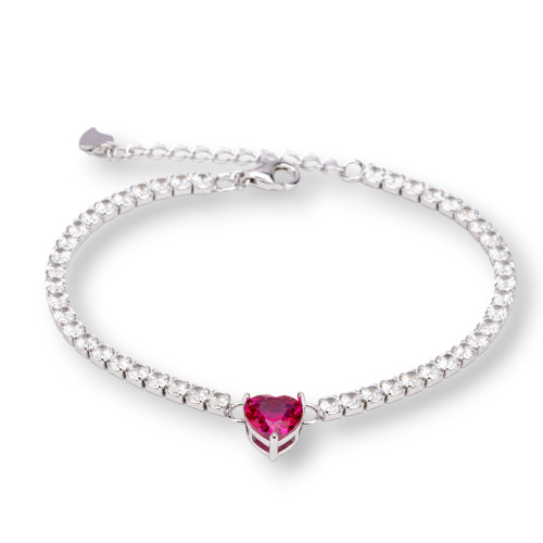 925 Silver Tennis Bracelet With 3mm Zircon 8mm Heart Length 16.4cm Rhodium-plated Ruby