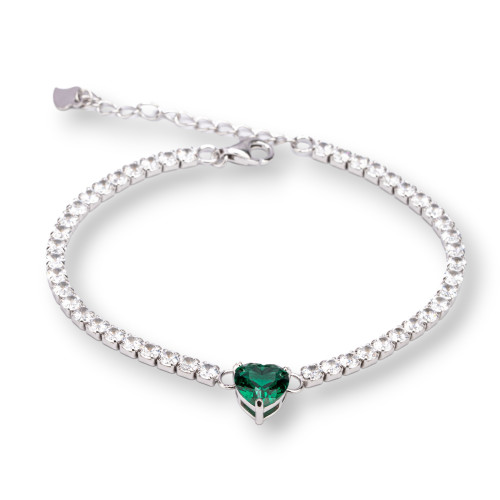 925 Silver Tennis Bracelet With 3mm Zircon 8mm Heart Length 16.4cm Rhodium Plated Emerald