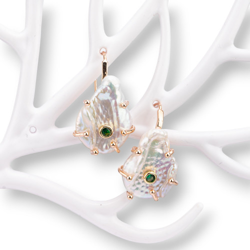 925 Silver Branches Earrings With River Pearls And Light Point 20x33mm Rose Gold Green