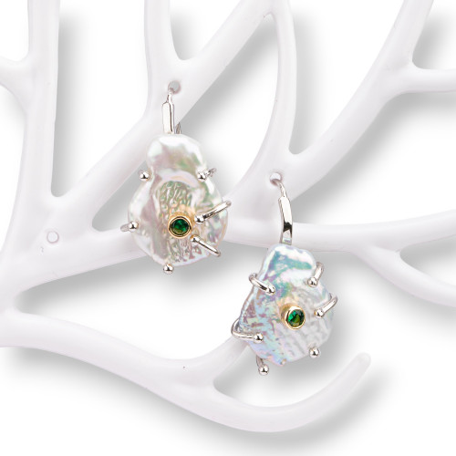 925 Silver Branches Hook Earrings With River Pearls And Light Point 20x33mm Green Rhodium Plated