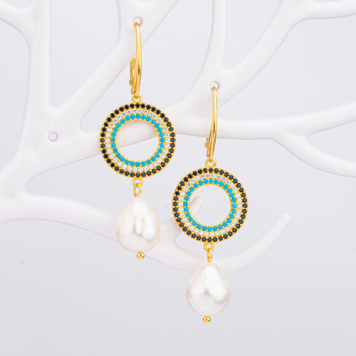 925 Silver Hook Earrings With Hoop Elements With Zircons and Golden River Pearls