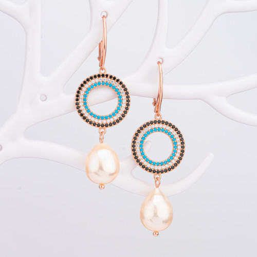 925 Silver Hook Earrings With Hoop Elements With Zircons and Rose Gold River Pearls