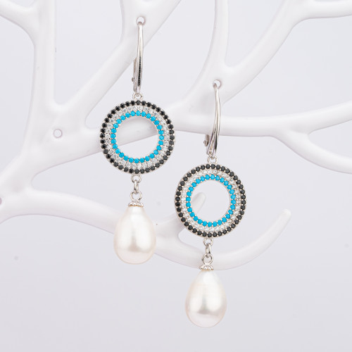 925 Silver Hook Earrings With Hoop Elements With Zircons and Rhodium-Plated River Pearls