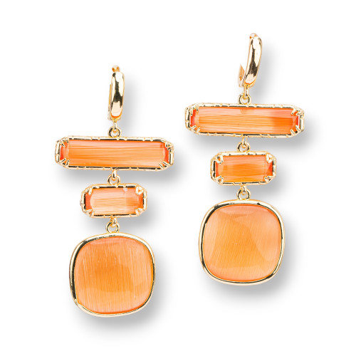 Pendientes Bronce Con Ojo De Gato 3 Piedras 29x60mm Naranja