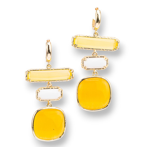 Boucles d'Oreilles Puces Bronze Oeil de Chat 3 Pierres 29x60mm Jaune et Blanc