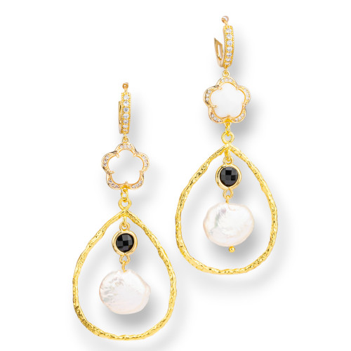 Pendientes de Bronce con Perlas de Río Ojo de Gato y Bronce 30x70mm Blanco y Negro