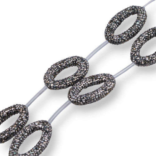 Markasit-Strassstrang-Perlen, gebohrt, oval, 20 x 33 mm, 6 Stück, Schwarz