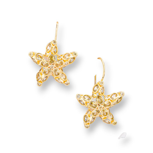 Bronze Leverback Earrings with Starfish and Zircons Set 25x35mm Yellow Topaz
