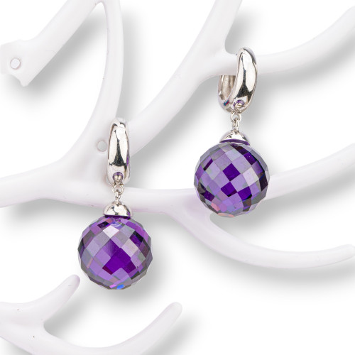 Orecchini Di Argento 925 Cerchio Con Zirconi Sfaccettati Viola 14x32mm