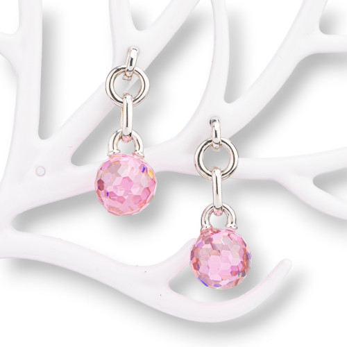 925 Silver Stud Earrings With Pink Faceted Zircons 13x35mm