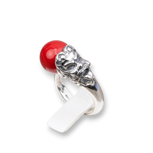 Anillo de Plata 925 Made in ITALY 20x28mm Tamaño Ajustable con Pasta de Coral 4 Flores