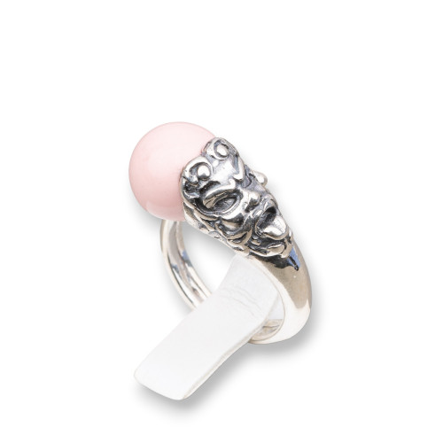 925 Silver Ring Made in ITALY 20x28mm Adjustable Size With Pink Coral Paste 4 Flowers