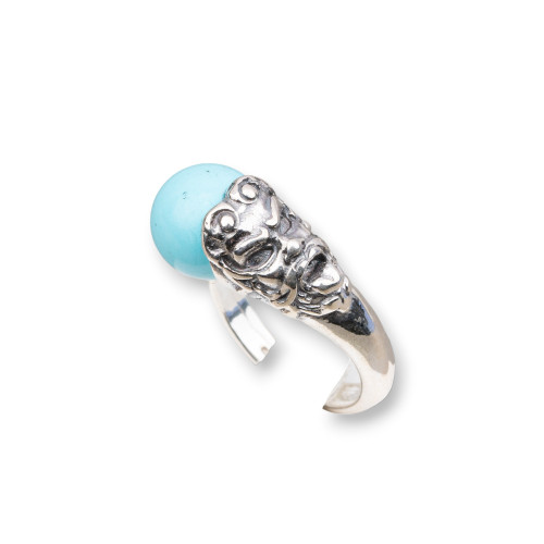 Bague en Argent 925 Fabriquée en ITALIE 20x28mm Taille Ajustable Avec Pâte Turquoise 4 Fleurs