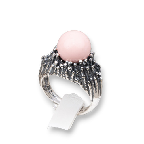 925 Silver Ring Made in ITALY 21x30mm Adjustable Size With Pink Coral Paste 4 Flowers