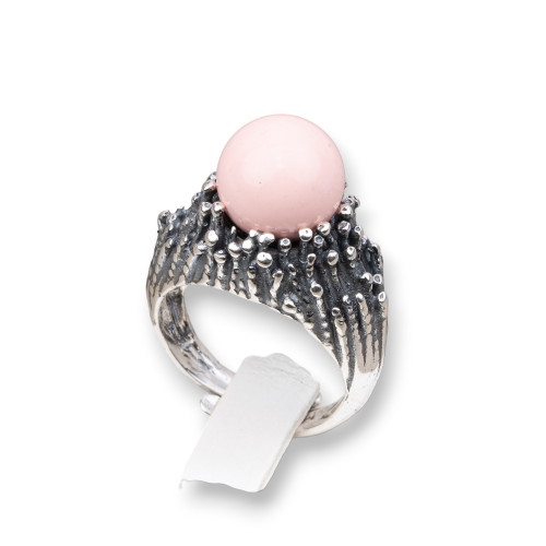 Anello Di Argento 925 Made in ITALY 21x30mm Misura Regolabile Con Pasta Di Corallo Rosa 4Fiori