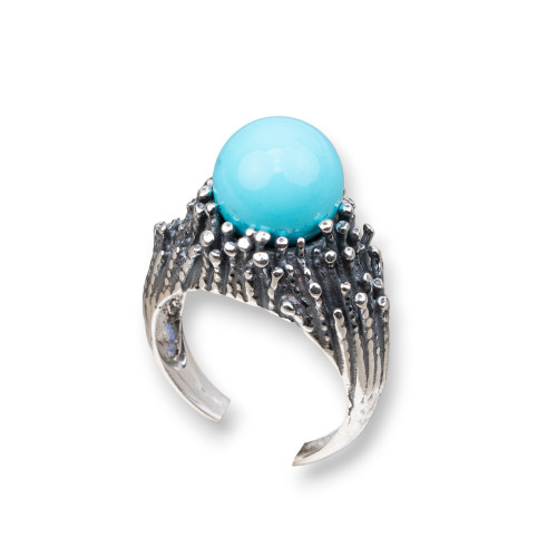 Bague en Argent 925 Fabriquée en ITALIE 21x30mm Taille Ajustable Avec Pâte Turquoise 4 Fleurs