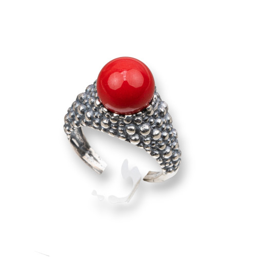 Anillo de Plata 925 Hecho en ITALIA 21x31mm Tamaño Ajustable Con Pasta de Coral 4 Flores