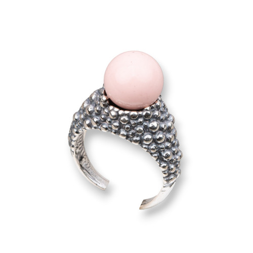 925 Silver Ring Made in ITALY 21x31mm Adjustable Size With Pink Coral Paste 4 Flowers