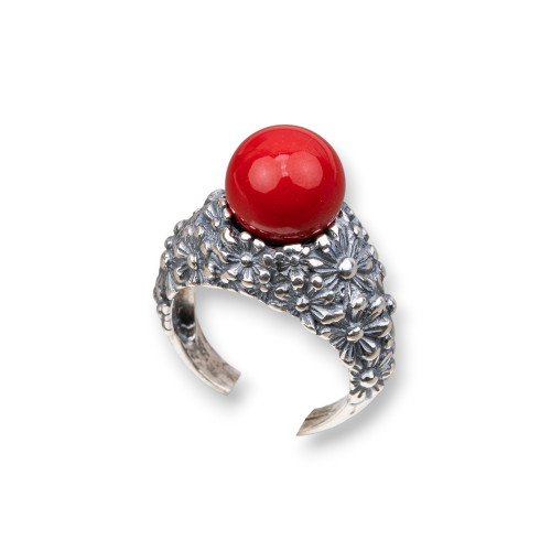 925 Silver Ring Made in ITALY 22x30mm Adjustable Size With Coral Paste 4 Flowers
