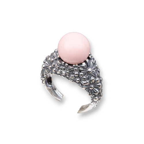 Ring aus 925er Silber, hergestellt in Italien, 22 x 30 mm, verstellbare Größe, mit rosa Korallenpaste und 4 Blumen