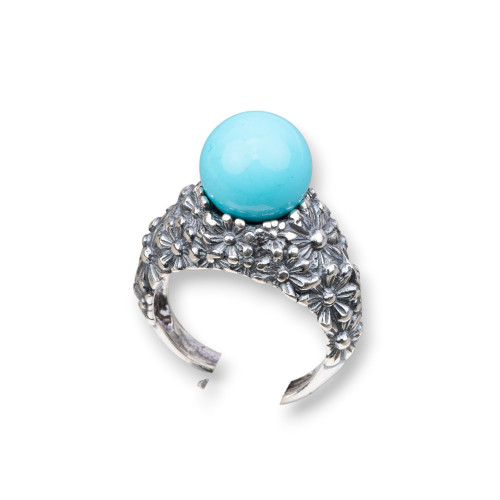 925 Silver Ring Made in ITALY 22x30mm Adjustable Size With Turquoise Paste 4 Flowers