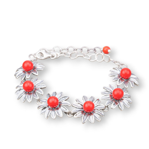 925 Silver Bracelet Made in ITALY 18mm With Coral Paste 4 Flowers Length 18.5 6cm