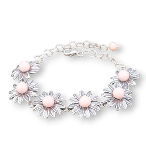 925 Silver Bracelet Made in ITALY 18mm With Pink Coral Paste 4 Flowers Length 18.5 6cm