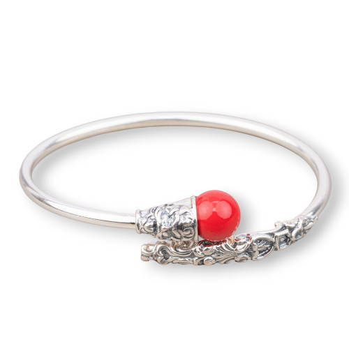 925 Silver Bracelet Made in ITALY 65mm Adjustable Size With 4 Flowers Coral Paste