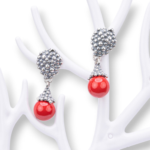 925 Silver Earrings Made in ITALY 12x33mm With Coral Paste 4 Flowers