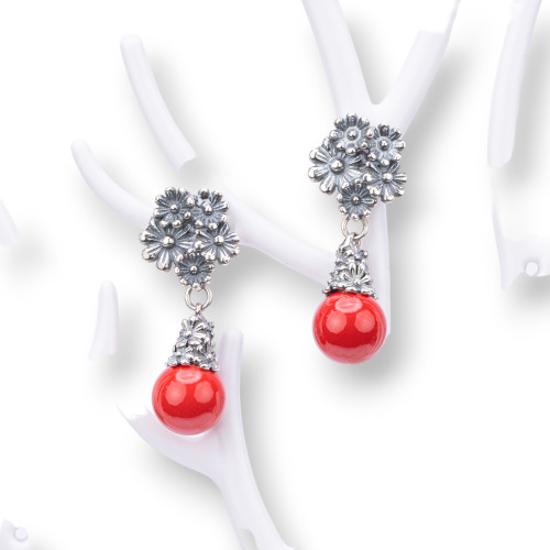 925 Silver Earrings Made in ITALY 13x32mm With Coral Paste 4 Flowers