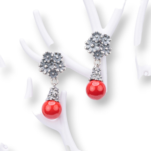 Pendientes de Plata 925 Made in ITALY 13x32mm Con Pasta de Coral 4 Flores