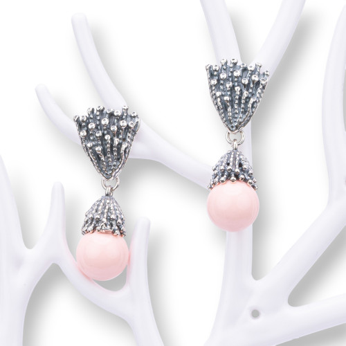 Ohrringe aus 925er Silber, hergestellt in Italien, 13 x 35 mm, mit rosa Korallenpaste und 4 Blumen