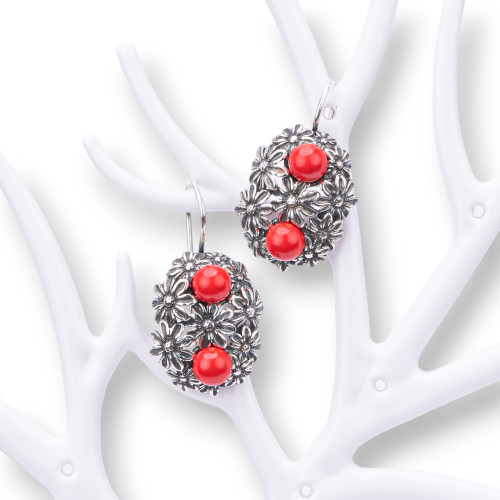 925 Silver Earrings Made in ITALY 18x34mm With Coral Paste 4 Flowers